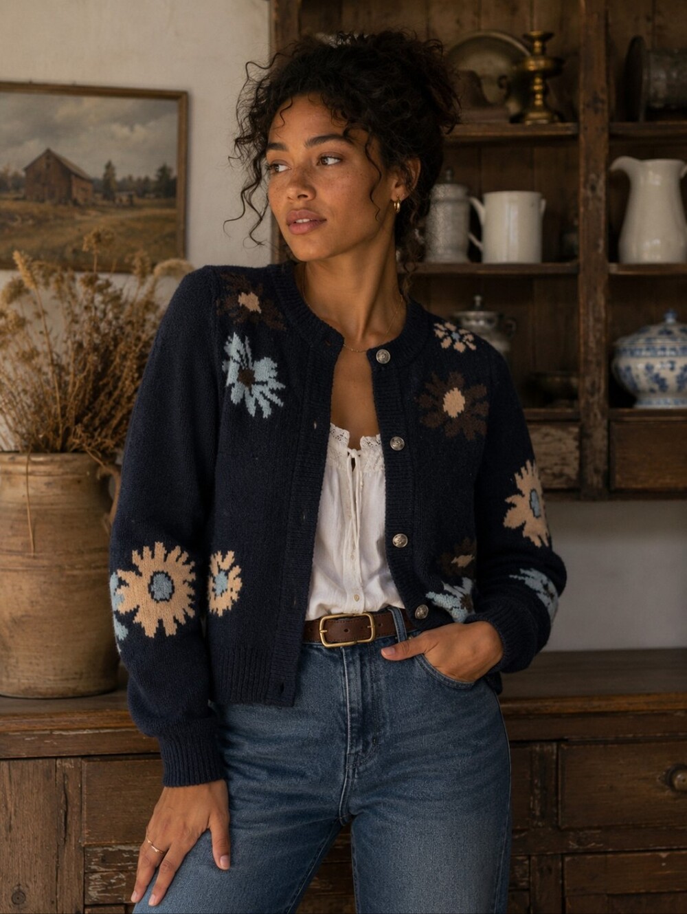 FLORAL NAVY BLUE CARDIGAN SIZE X SMALL